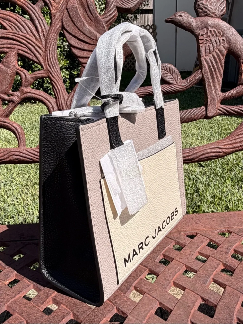 Marc Jacobs Mini CB Grind Tote Beige & Black Leather Crossbody with Logo Panel